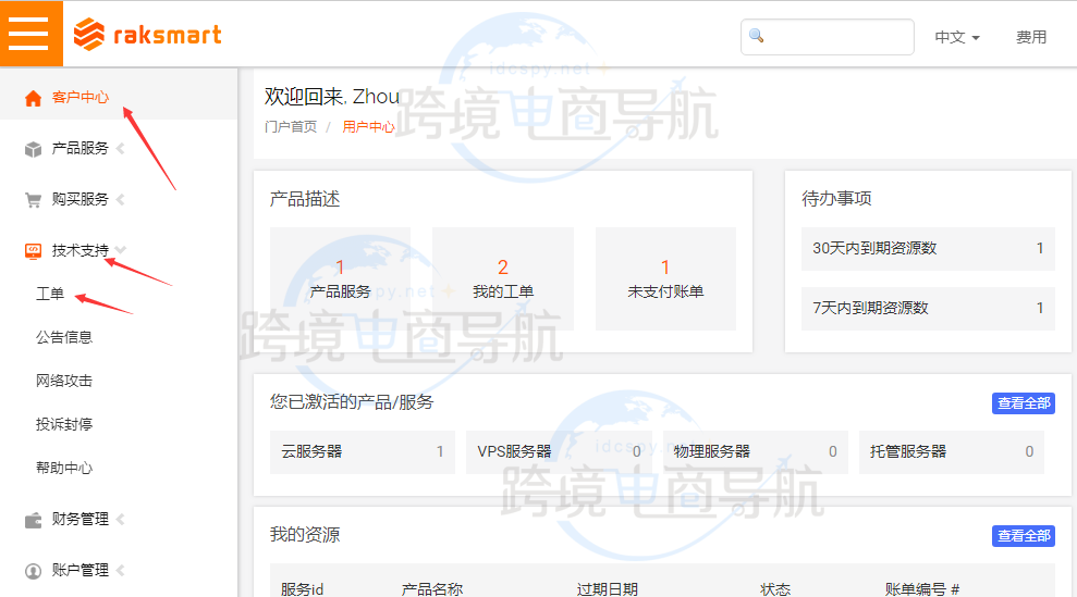 RAKsmart客户中心页面