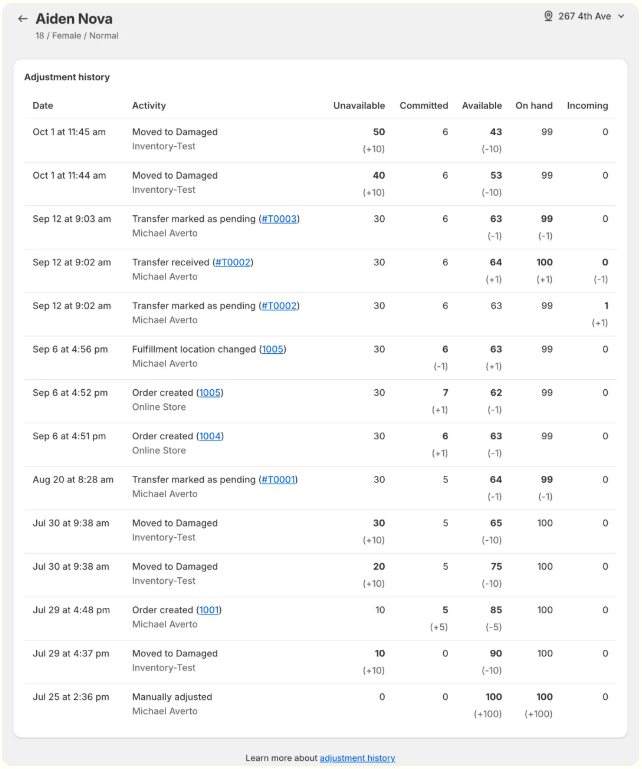 Shopify库存调整历史记录表