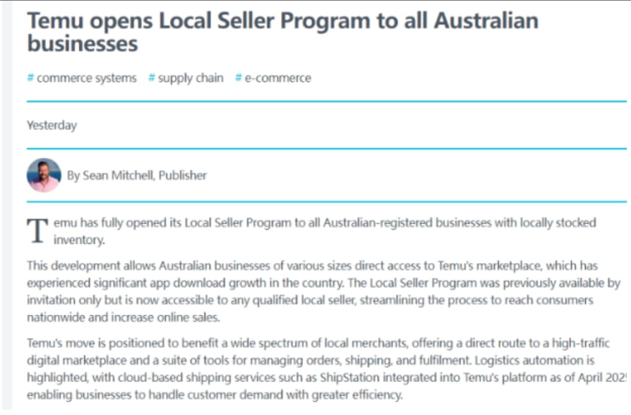 Temu跨境平台全面开放澳大利亚