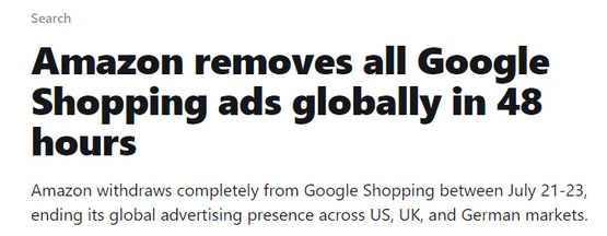 亚马逊宣布全球范围内停投谷歌购物广告