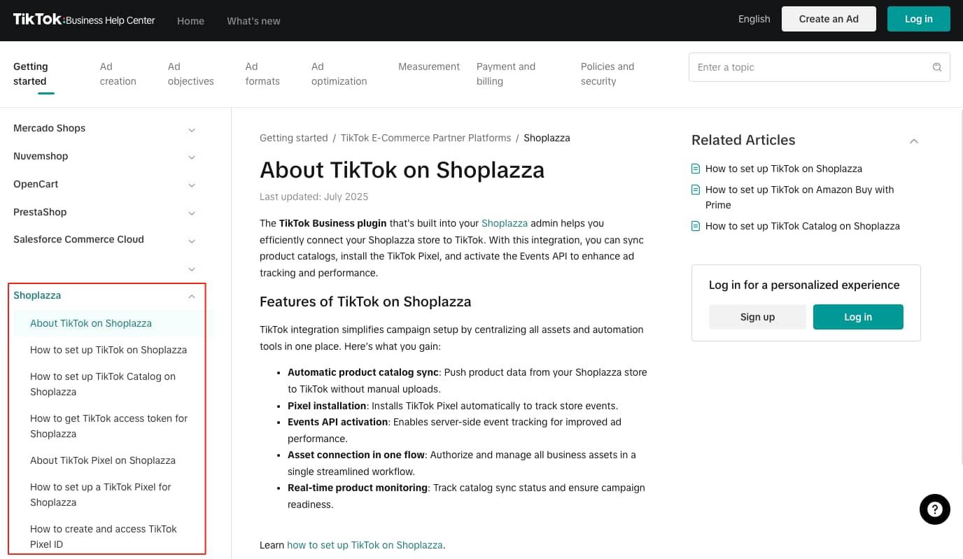 TikTok商务帮助中心上线Shoplazza联合功能