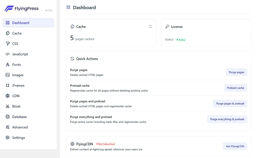 FlyingPress Dashboard界面