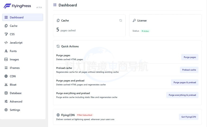 FlyingPress Dashboard界面